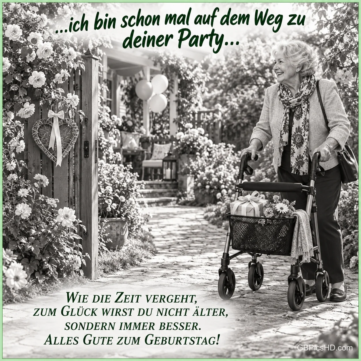 Eine ältere Frau schiebt einen Rollator mit Geschenk und Blumen durch einen Garten: "Alles Gute zum Geburtstag!".