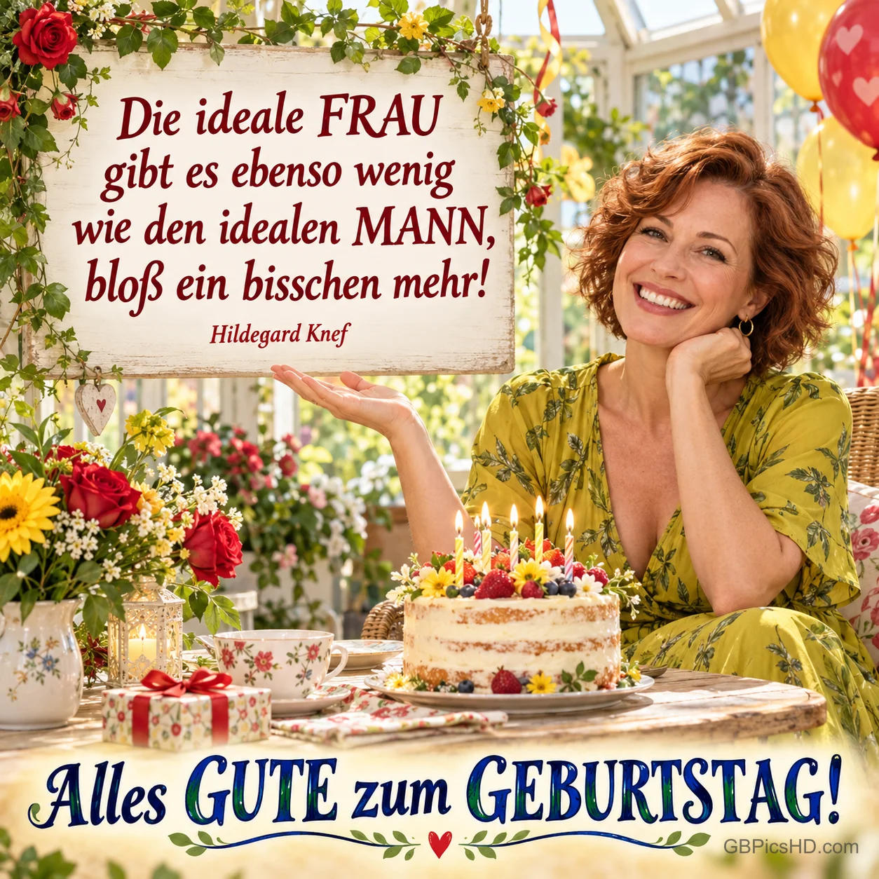 Eine lächelnde Frau sitzt mit einer Geburtstagstorte am blumengeschmückten Tisch: "Alles Gute zum Geburtstag!". Eine lächelnde Frau sitzt mit einer Geburtstagstorte am blumengeschmückten Tisch: "Alles Gute zum Geburtstag!".