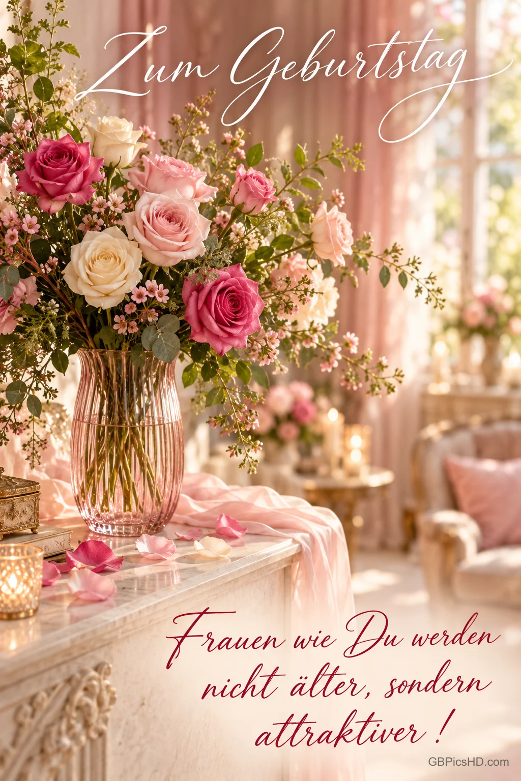 Rosa, weiße und pinke Rosen stehen in einer Glasvase auf einer Kommode; oben steht "Zum Geburtstag".