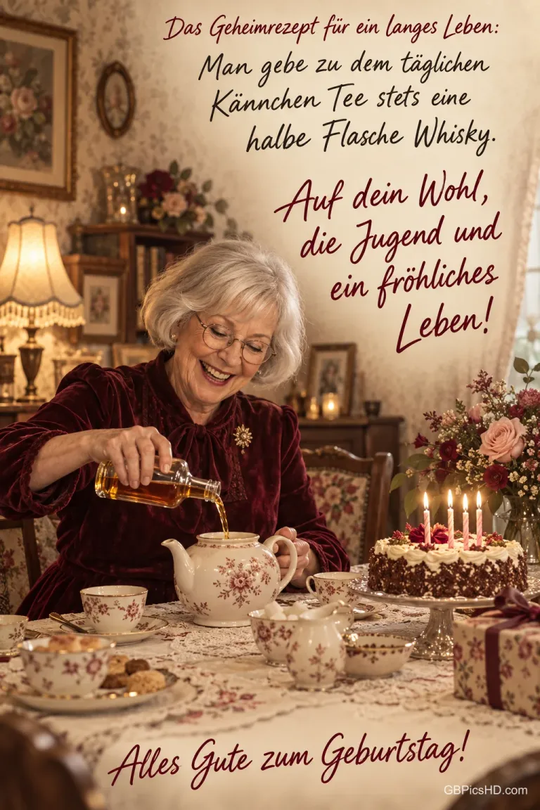 Eine ältere Frau gießt aus einer Flasche in eine Teekanne; daneben steht eine Torte: "Alles Gute zum Geburtstag!".