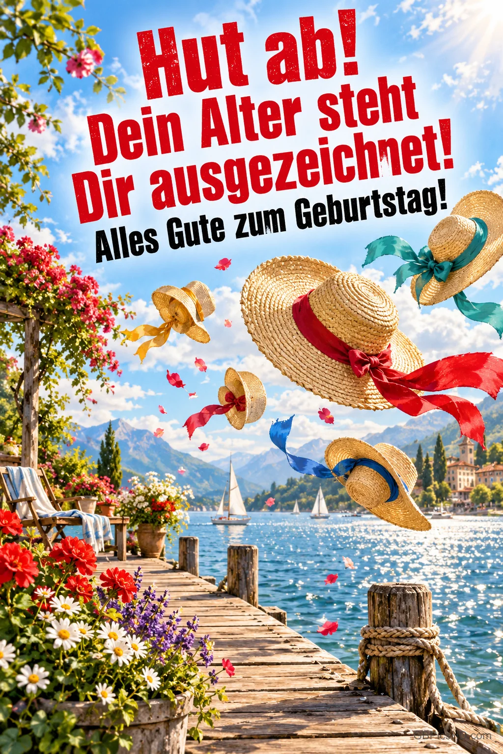 Strohhüte mit bunten Bändern fliegen über einem See unter "Hut ab! Dein Alter steht Dir ausgezeichnet! Alles Gute zum Geburtstag!".