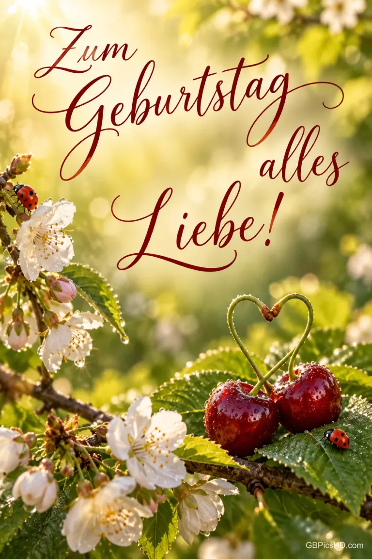 Zwei Kirschen mit herzförmigen Stielen, Blüten und Marienkäfer begleiten "Zum Geburtstag alles Liebe!".