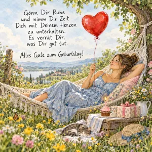 Eine Frau liegt mit einem Herzballon in einer Hängematte; daneben steht "Alles Gute zum Geburtstag!".
