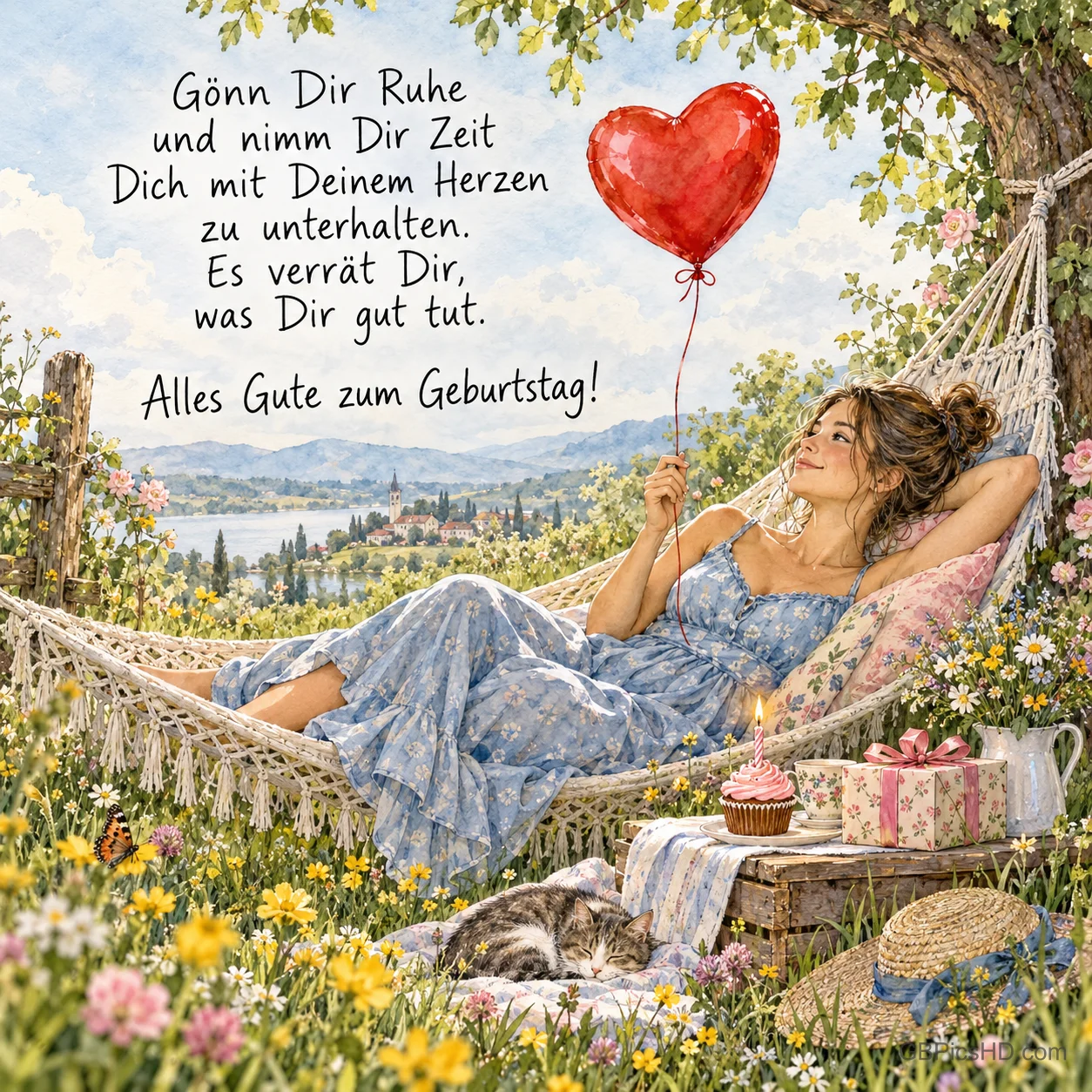 Eine Frau liegt mit einem Herzballon in einer Hängematte; daneben steht "Alles Gute zum Geburtstag!".