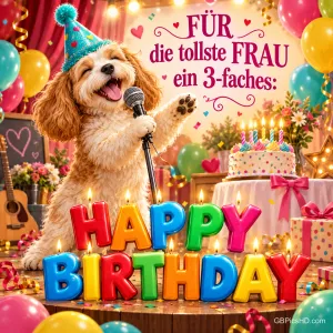 Ein Hund mit Partyhut steht am Mikrofon neben einer Torte und bunten Buchstaben mit "Happy Birthday".