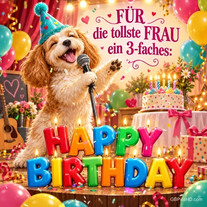 Ein Hund mit Partyhut steht am Mikrofon neben einer Torte und bunten Buchstaben mit "Happy Birthday".