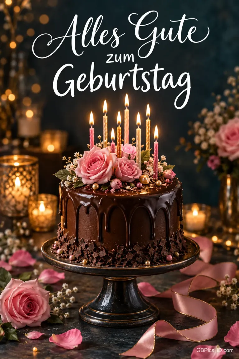 Eine Schokoladentorte mit rosa Rosen und brennenden Kerzen trägt den Gruß "Alles Gute zum Geburtstag".