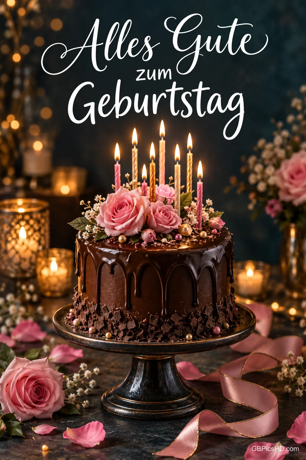 Eine Schokoladentorte mit rosa Rosen und brennenden Kerzen trägt den Gruß "Alles Gute zum Geburtstag".