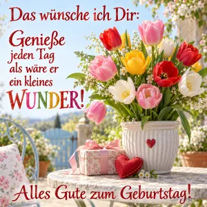 Bunte Tulpen in einem weißen Topf stehen neben einem Geschenk und dem Gruß "Alles Gute zum Geburtstag!".
