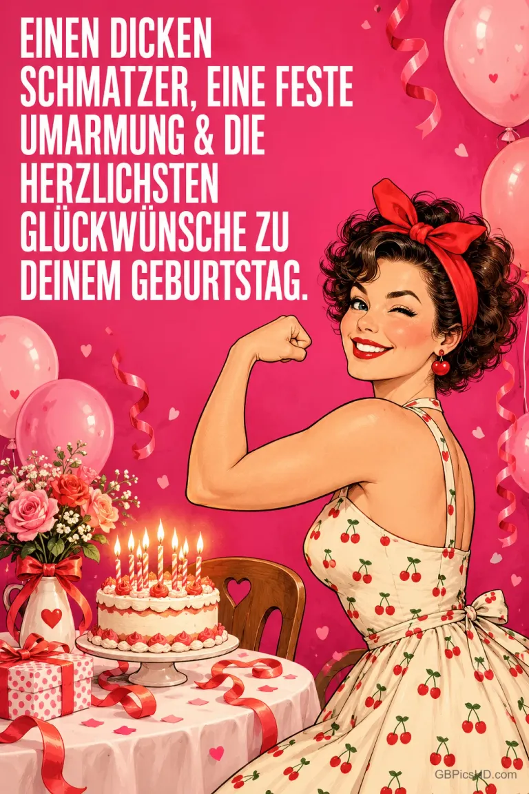 Eine Frau mit roter Haarschleife und Kirschkleid posiert neben einer Torte; der Text wünscht "Einen dicken Schmatzer".