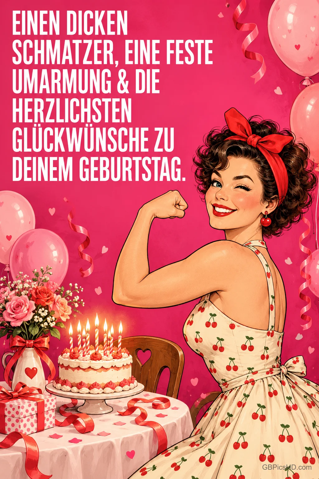 Eine Frau mit roter Haarschleife und Kirschkleid posiert neben einer Torte; der Text wünscht "Einen dicken Schmatzer".