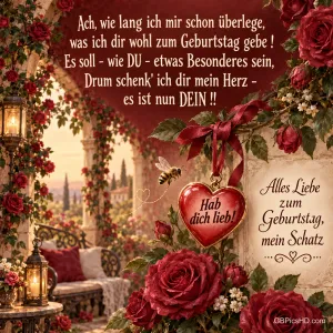 Ein Herzanhänger mit "Hab dich lieb!" hängt zwischen roten Rosen; Laternen leuchten im Hintergrund.