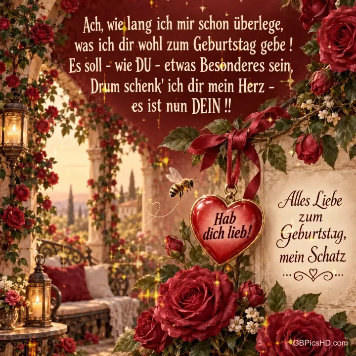 Ein Herzanhänger mit "Hab dich lieb!" hängt zwischen roten Rosen; Laternen leuchten im Hintergrund. Ein Herzanhänger mit "Hab dich lieb!" hängt zwischen roten Rosen; Laternen leuchten im Hintergrund.