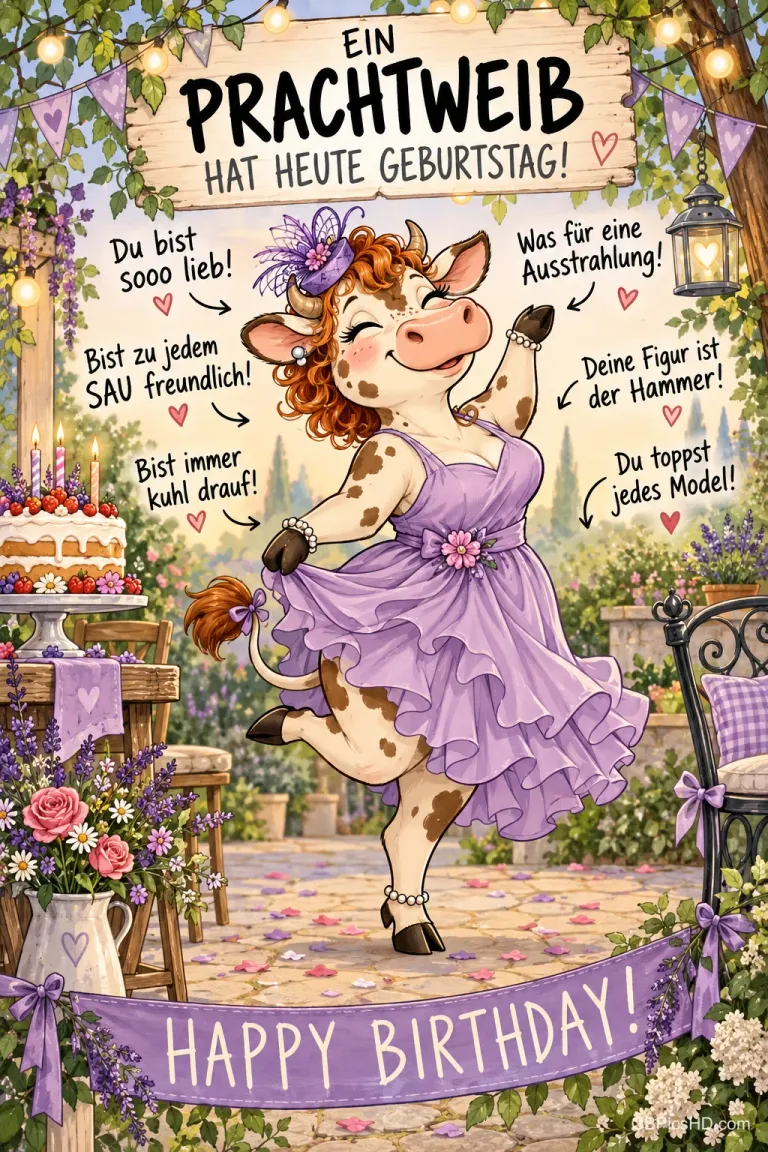 Eine Kuh im lila Kleid tanzt zwischen Blumen und einer Torte unter dem Schild "Ein Prachtweib hat heute Geburtstag!".