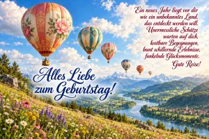 Blumengeschmückte Heißluftballons schweben über einem Alpental mit See neben dem Gruß "Alles Liebe zum Geburtstag!".