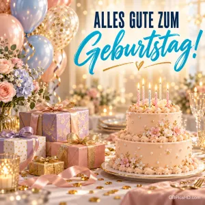 Pastellfarbene Ballons umrahmen eine gepunktete Torte mit Schleife und bunten Kerzen sowie "Alles Gute zum Geburtstag!".