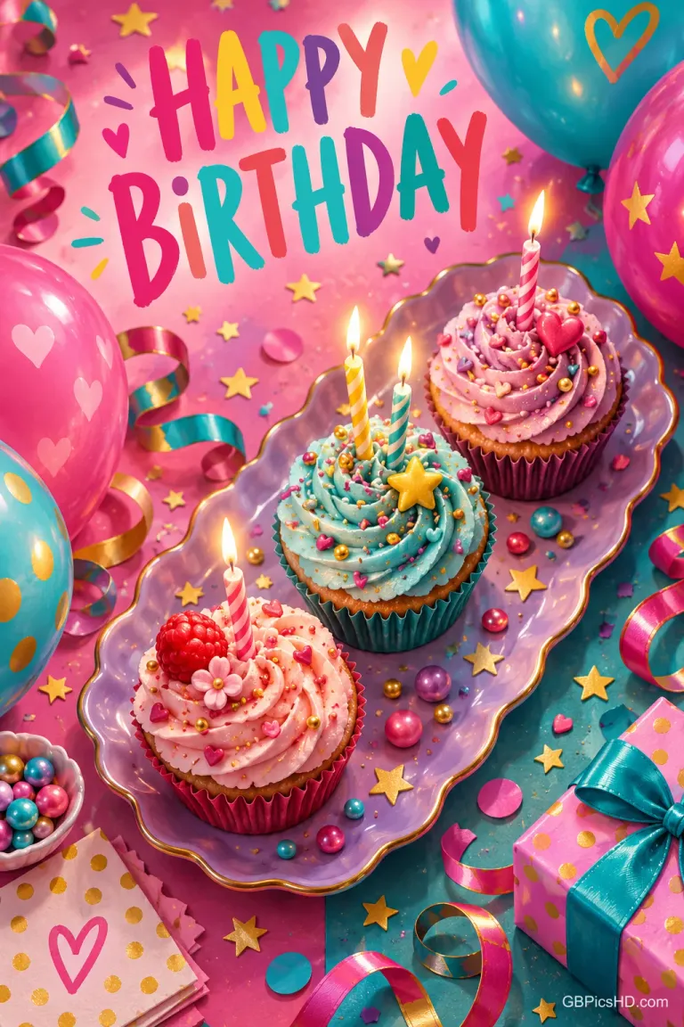 Drei bunte Cupcakes mit brennenden Kerzen liegen zwischen Luftballons und Geschenken auf einem lila Tablett unter "HAPPY BIRTHDAY".