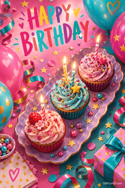 Drei bunte Cupcakes mit brennenden Kerzen liegen zwischen Luftballons und Geschenken auf einem lila Tablett unter "HAPPY BIRTHDAY".