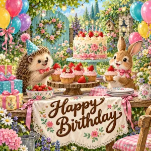 Igel und Hase mit Erdbeer-Cupcakes an einer festlichen Gartentafel mit Torte, Ballons und "Happy Birthday" auf der Tischdecke.