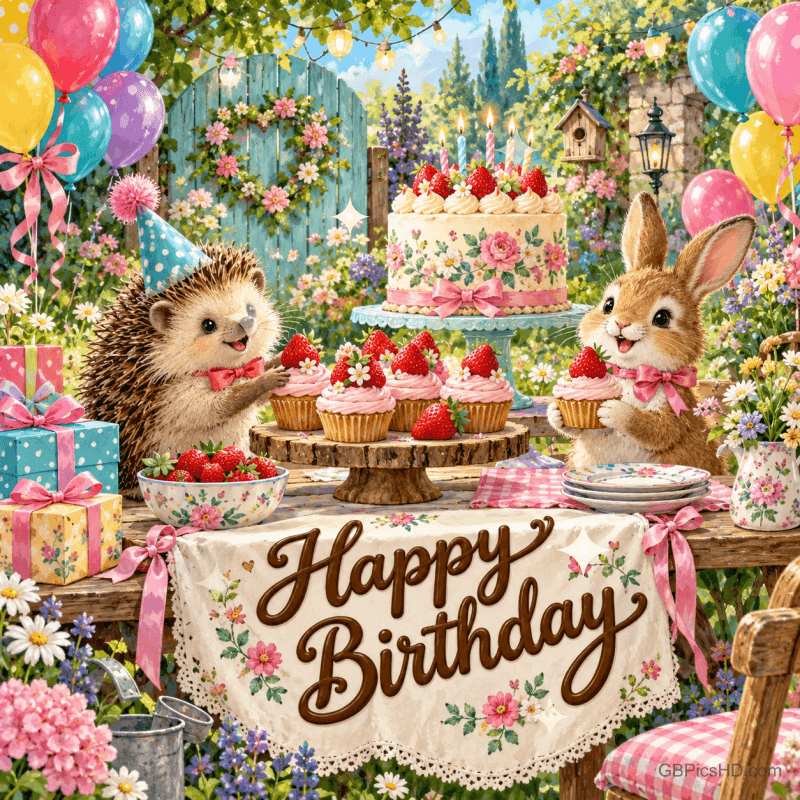Igel und Hase mit Erdbeer-Cupcakes an einer festlichen Gartentafel mit Torte, Ballons und "Happy Birthday" auf der Tischdecke.