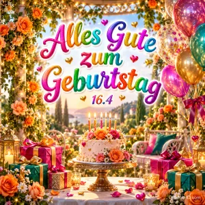 Blumengeschmückte Terrasse mit Torte, Geschenken, bunten Ballons und dem Schriftzug "Alles Gute zum Geburtstag 16.4".