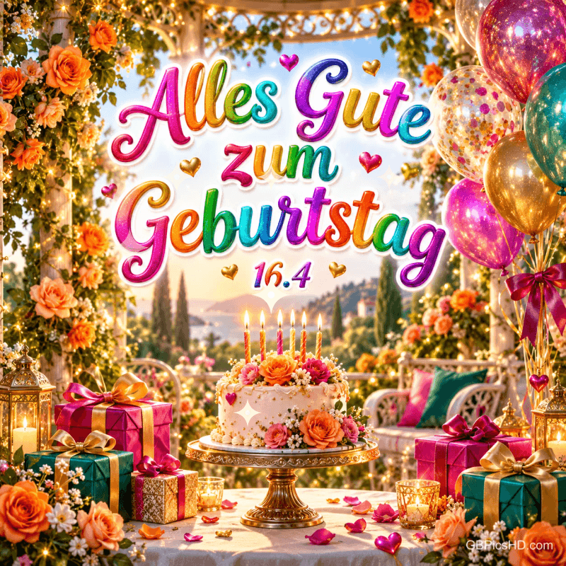 Blumengeschmückte Terrasse mit Torte, Geschenken, bunten Ballons und dem Schriftzug "Alles Gute zum Geburtstag 16.4". Blumengeschmückte Terrasse mit Torte, Geschenken, bunten Ballons und dem Schriftzug "Alles Gute zum Geburtstag 16.4".