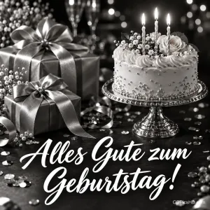 Schwarz-weiße Geburtstagstorte mit drei Kerzen und Geschenken sowie "Alles Gute zum Geburtstag!".