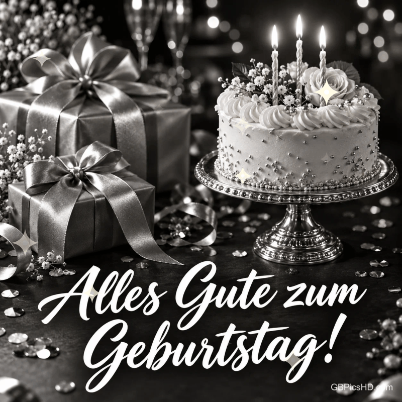 Schwarz-weiße Geburtstagstorte mit drei Kerzen und Geschenken sowie "Alles Gute zum Geburtstag!".