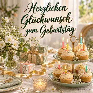 Cupcakes mit bunten Kerzen, Blumen und Geschenke mit dem Gruß "Herzlichen Glückwunsch zum Geburtstag".