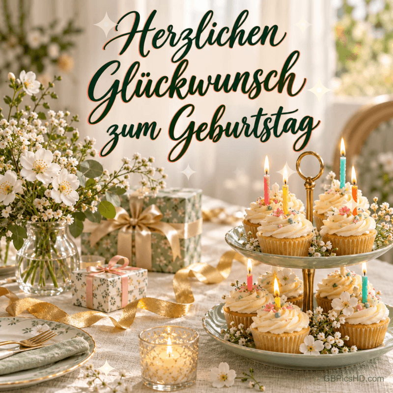 Cupcakes mit bunten Kerzen, Blumen und Geschenke mit dem Gruß "Herzlichen Glückwunsch zum Geburtstag". Cupcakes mit bunten Kerzen, Blumen und Geschenke mit dem Gruß "Herzlichen Glückwunsch zum Geburtstag".