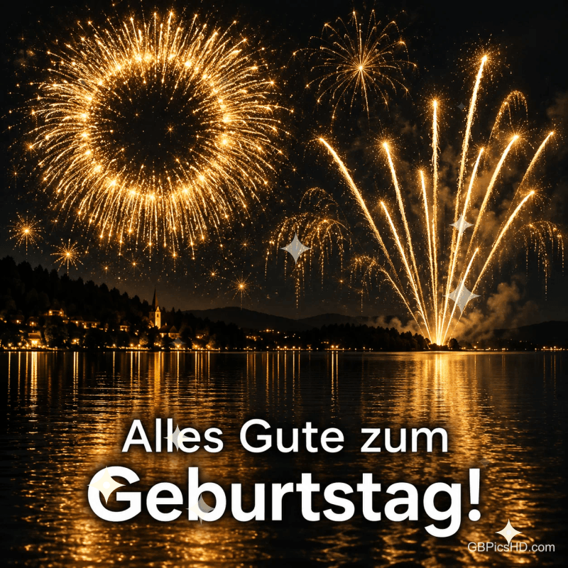 Goldenes Feuerwerk über einem See mit dem Gruß "Alles Gute zum Geburtstag!".