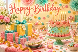 Bunte Geburtstagstorte mit Kerzen, Geschenke und Blumen auf einem gedeckten Tisch mit "Happy Birthday".