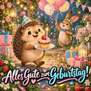 Ein Igel trägt einen Cupcake, ein Hase hält Luftballons im Garten; darunter steht "Alles Gute zum Geburtstag!".
