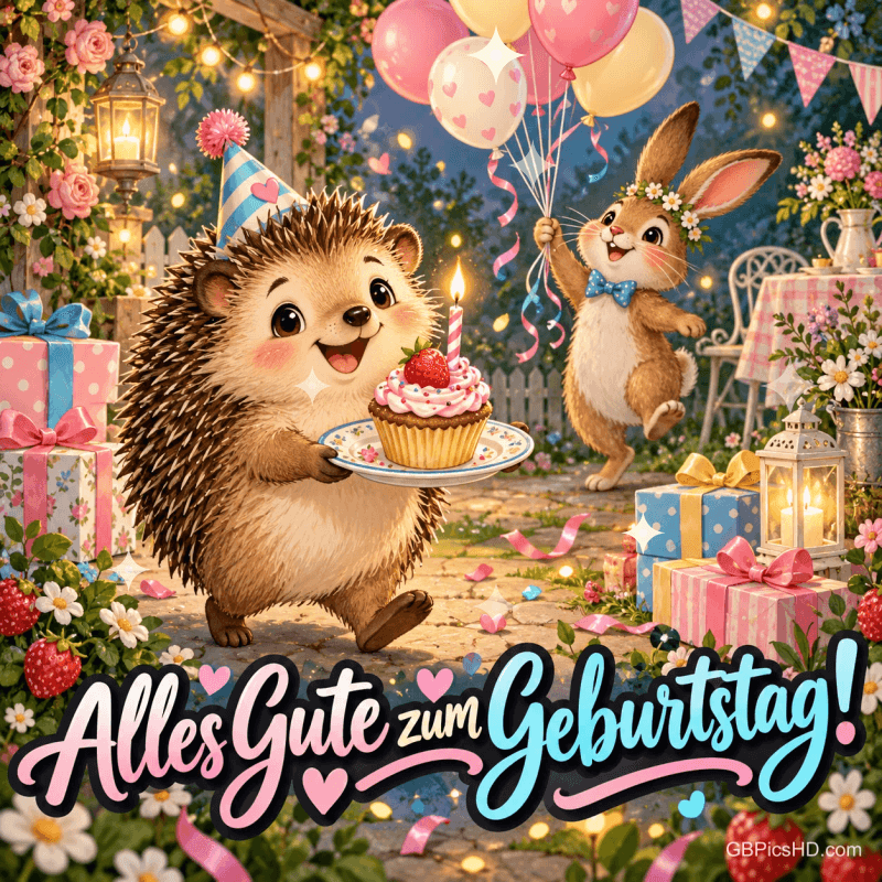 Ein Igel trägt einen Cupcake, ein Hase hält Luftballons im Garten; darunter steht "Alles Gute zum Geburtstag!".
