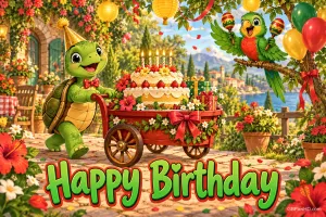 Eine Schildkröte schiebt einen Wagen mit Geburtstagstorte, ein Papagei hält Rasseln; darunter steht "Happy Birthday".