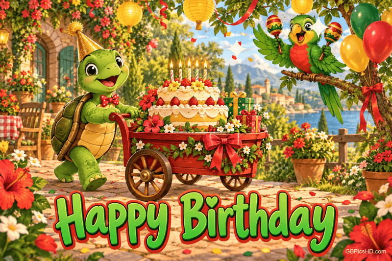Eine Schildkröte schiebt einen Wagen mit Geburtstagstorte, ein Papagei hält Rasseln; darunter steht "Happy Birthday".