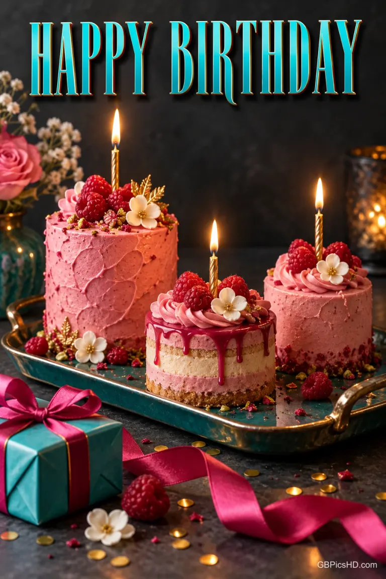 Drei rosa Törtchen mit brennenden Kerzen und Himbeeren neben einem Geschenk, darüber steht "HAPPY BIRTHDAY".