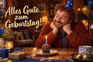 Ein Mann mit Partyhut sitzt vor einem Cupcake mit brennender Kerze, daneben steht "Alles Gute zum Geburtstag!".