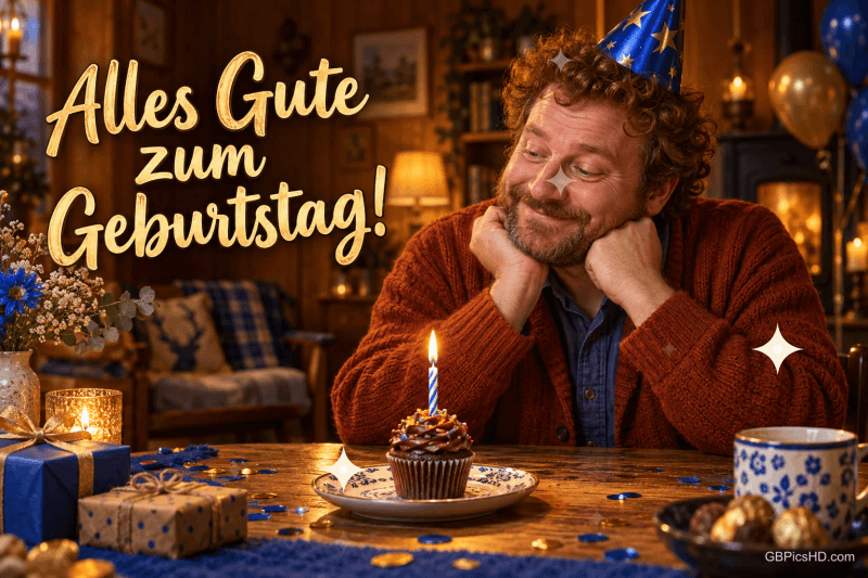 Ein Mann mit Partyhut sitzt vor einem Cupcake mit brennender Kerze, daneben steht "Alles Gute zum Geburtstag!".