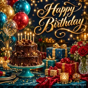 Schokoladentorte mit Kerzen, bunte Ballons, Geschenke und rote Rosen unter dem goldenen Schriftzug "Happy Birthday".