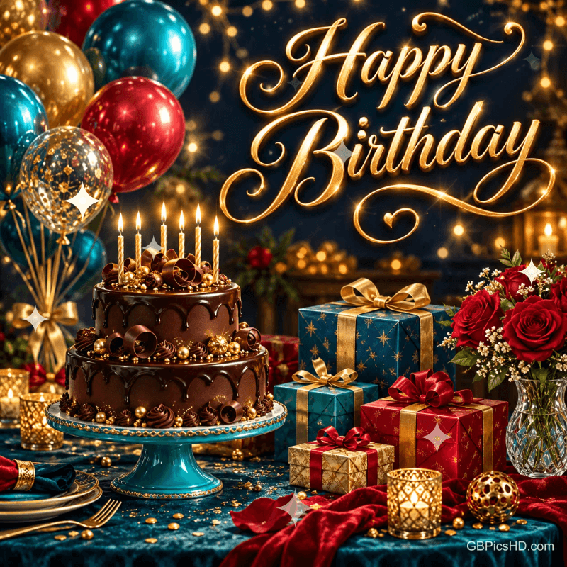 Schokoladentorte mit Kerzen, bunte Ballons, Geschenke und rote Rosen unter dem goldenen Schriftzug "Happy Birthday".