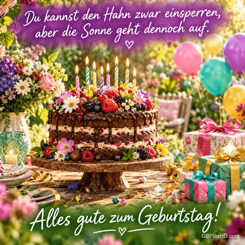 Blumentorte, Ballons und Geschenke: "Du kannst den Hahn zwar einsperren, aber die Sonne geht dennoch auf. Alles Gute zum Geburtstag!" Blumentorte, Ballons und Geschenke: "Du kannst den Hahn zwar einsperren, aber die Sonne geht dennoch auf. Alles Gute zum Geburtstag!"