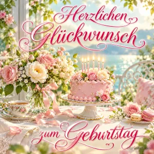 Rosa Blumentorte mit Kerzen, Rosen und eine Teetasse auf einem hellen Tisch: "Herzlichen Glückwunsch zum Geburtstag".