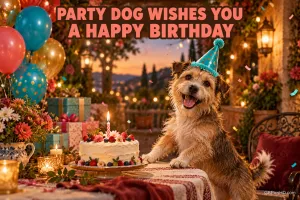 Hund mit Partyhut neben einer Torte mit Kerze, Ballons und Geschenken: "PARTY DOG WISHES YOU A HAPPY BIRTHDAY".