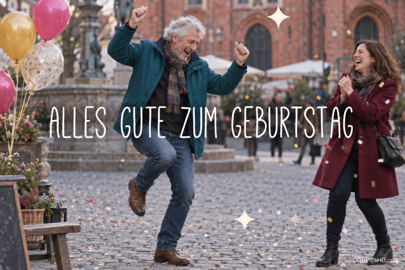 Ein Mann mit hellen Haaren hebt auf einer Straße Arme und Bein; daneben geht eine Frau: "Alles Gute zum Geburtstag".