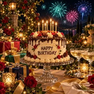 Torte mit Kerzen und "Happy Birthday", Geschenke und gefüllte Gläser vor Feuerwerk über einem See.