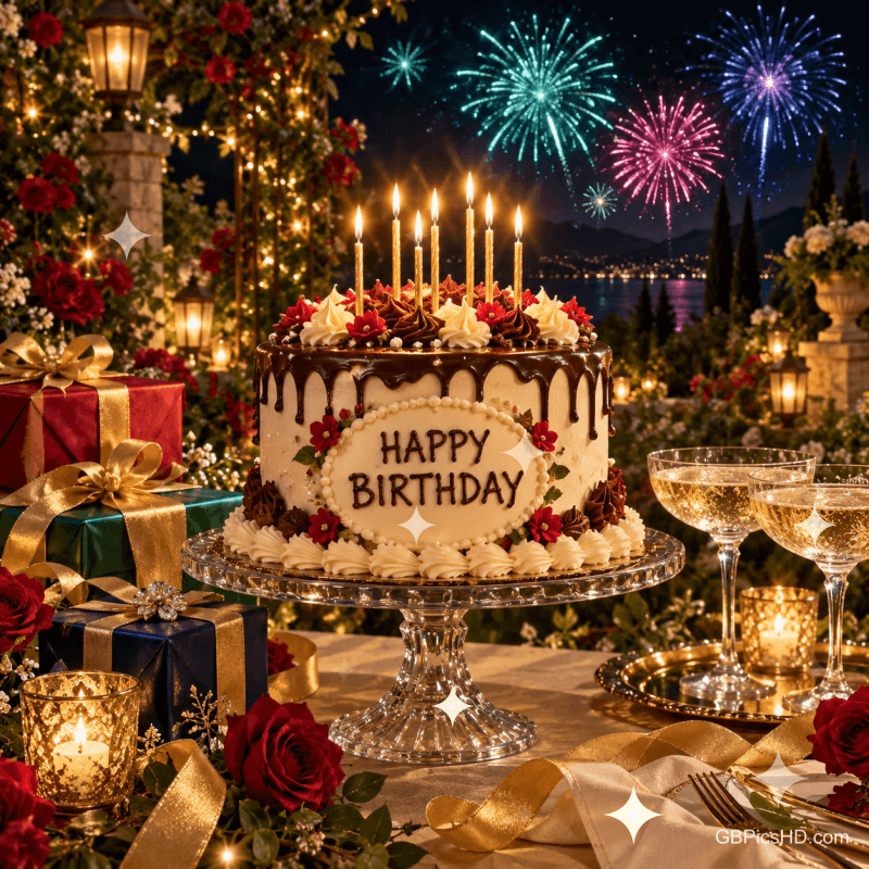Torte mit Kerzen und "Happy Birthday", Geschenke und gefüllte Gläser vor Feuerwerk über einem See.