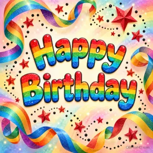 Regenbogenfarbener Schriftzug "Happy Birthday" mit roten Sternen und schwarzen Punkten auf weißem Grund.