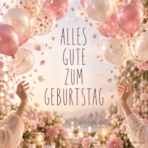 Zwei erhobene Hände unter rosa und weißen Ballons mit dem großen Schriftzug "Alles Gute zum Geburtstag".