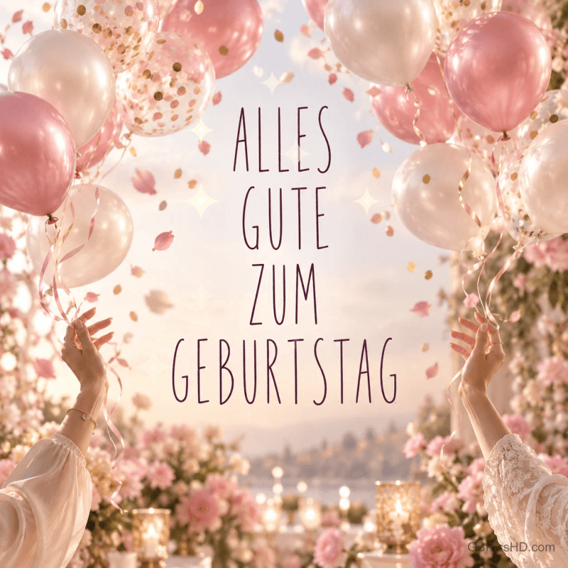 Zwei erhobene Hände unter rosa und weißen Ballons mit dem großen Schriftzug "Alles Gute zum Geburtstag".